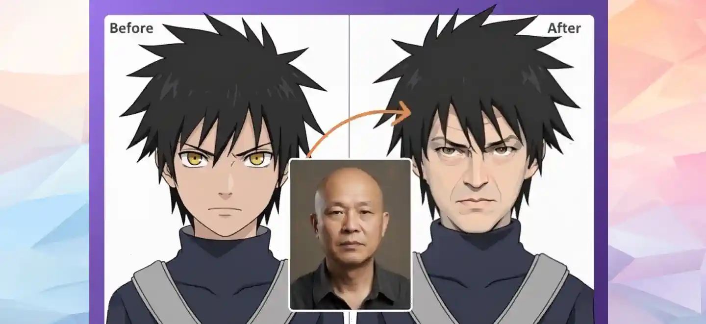 A person's face swapped onto an anime character.