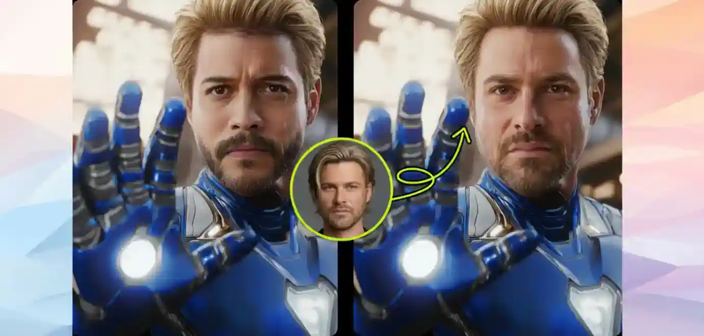 A person's face swapped onto a character in a movie poster.